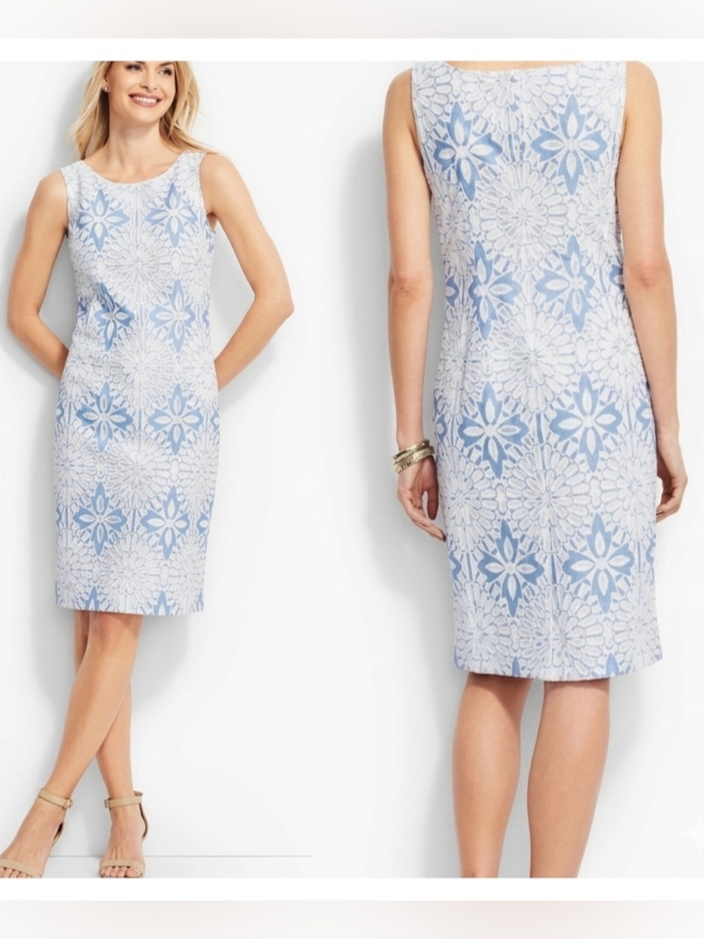 Talbots Periwinkle Blue & White Floral Medallion Lace Sheath Dress Sz 6 Sz Small